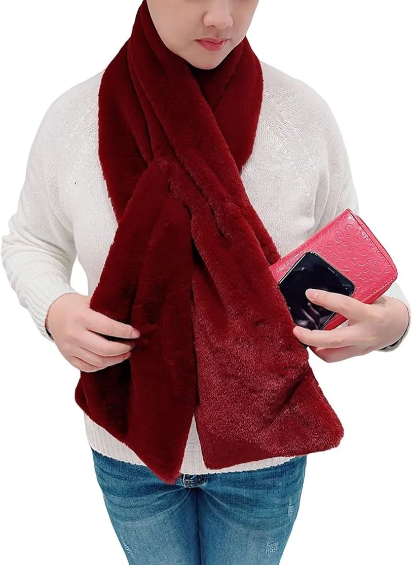 Women's Winter Pull-Through Faux Fur Scarf with Hidden Zipper Pocket