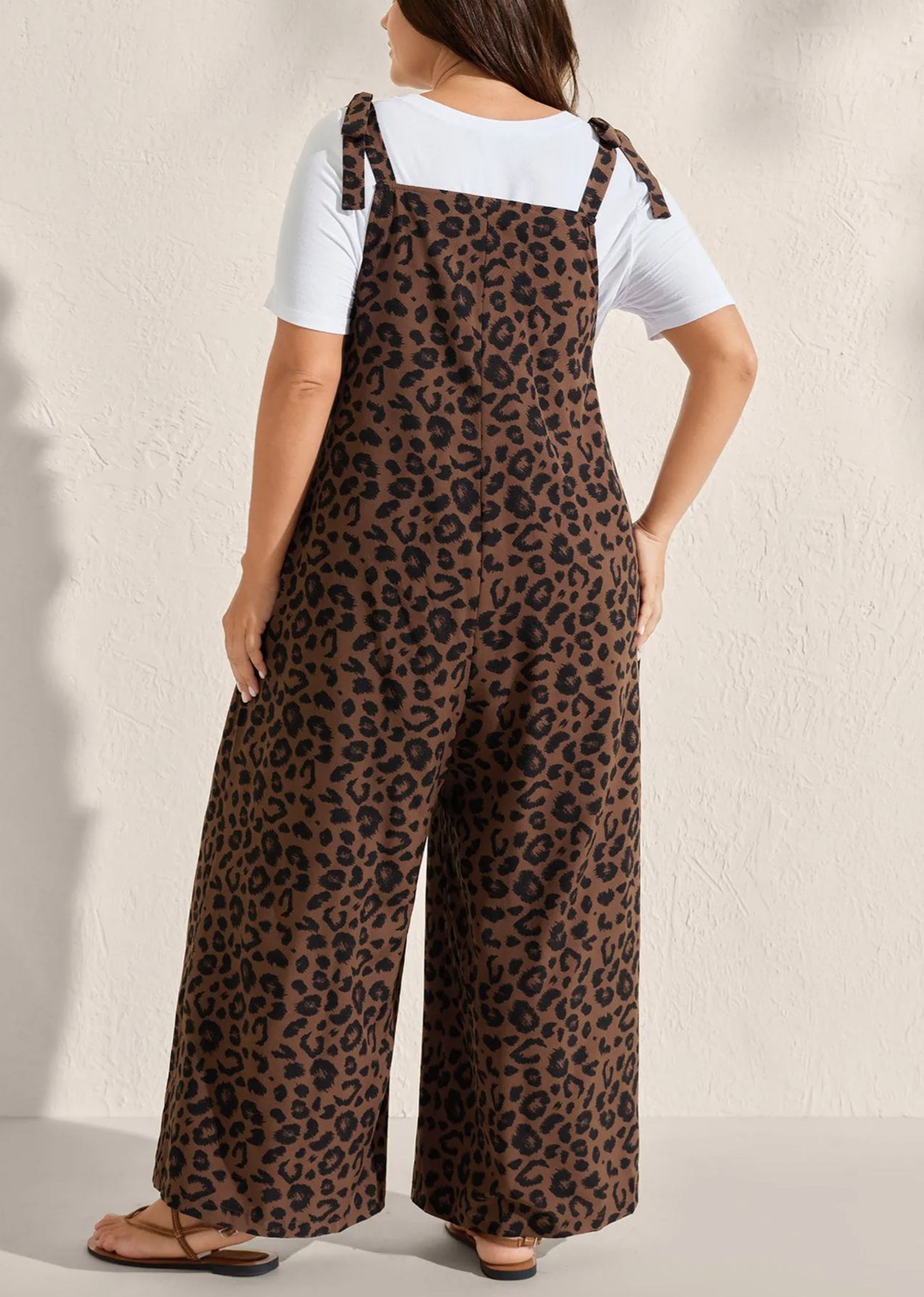 Leopard Print Shirred Shoulder Ties Jumpsuit