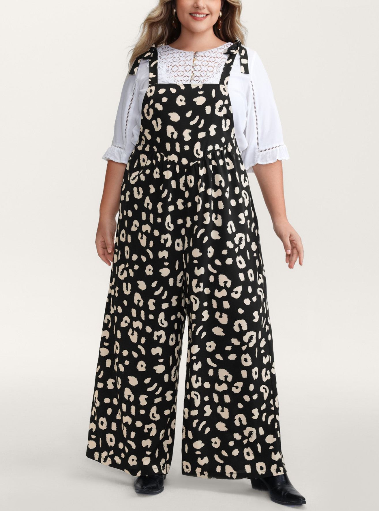 Leopard Print Shirred Shoulder Ties Jumpsuit