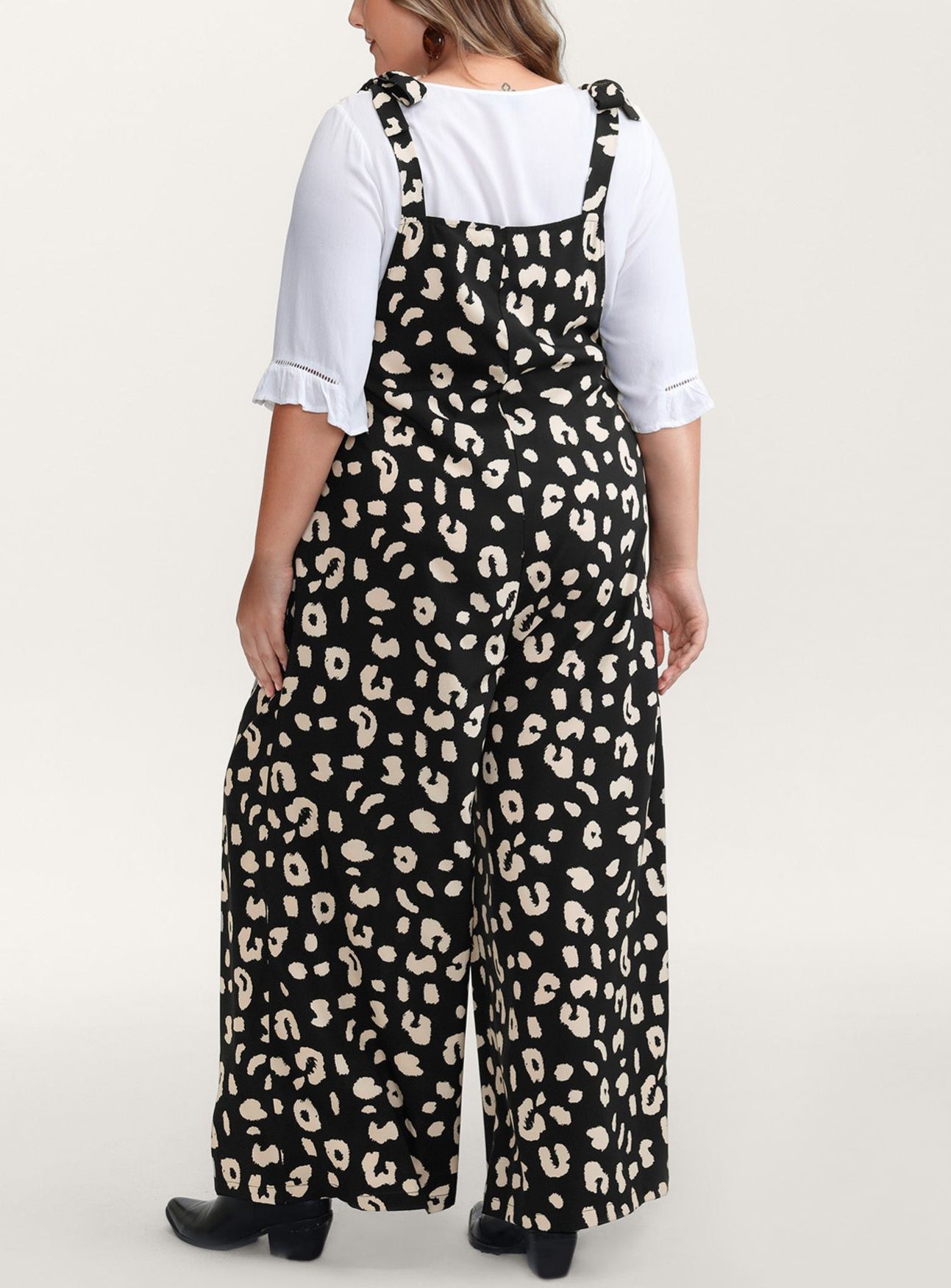 Leopard Print Shirred Shoulder Ties Jumpsuit