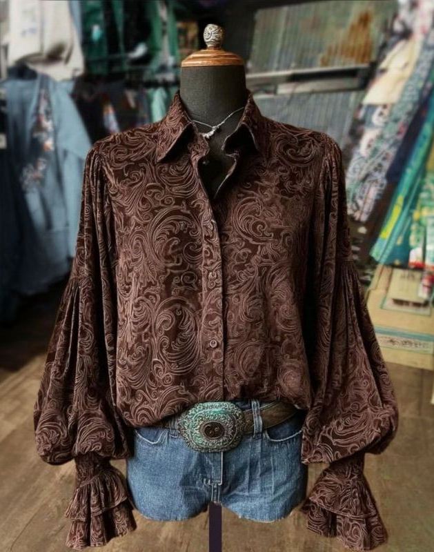 Vintage Floral Print Lantern Sleeve Velvet Top
