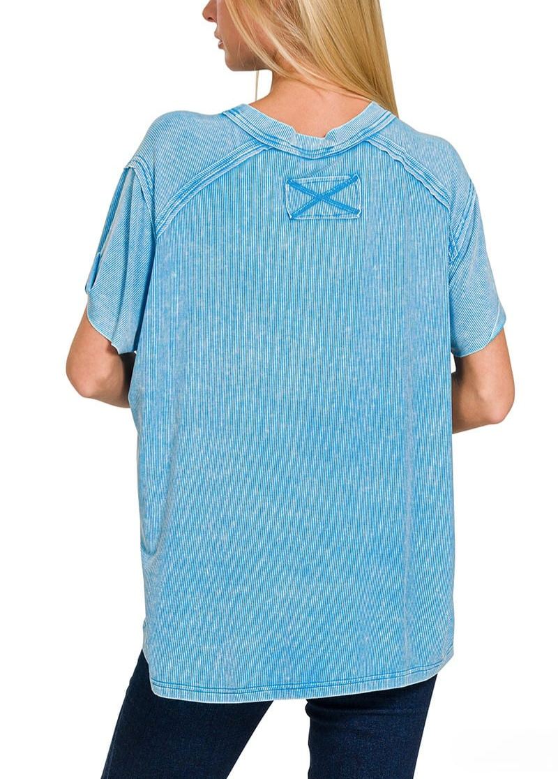 Washed Ribbed Short Sleeve Boat-Neck Top