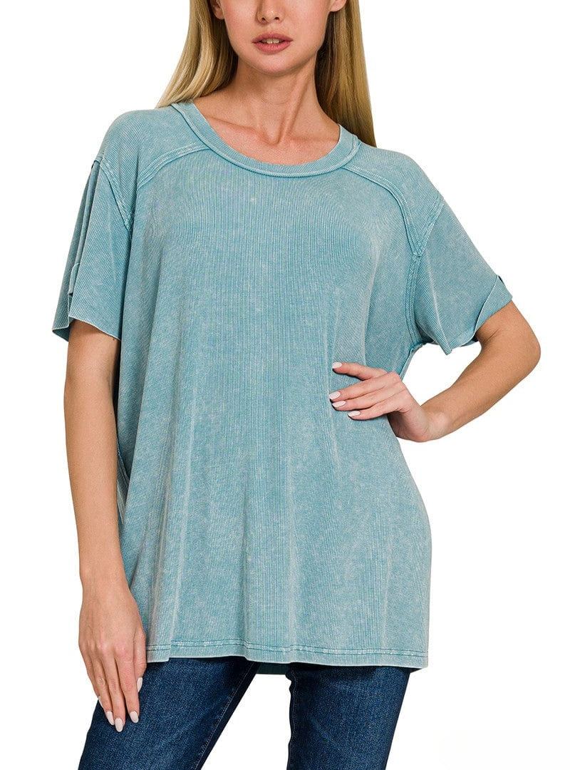 Washed Ribbed Short Sleeve Boat-Neck Top