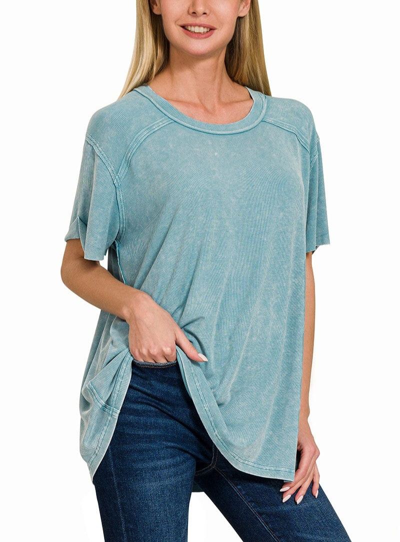 Washed Ribbed Short Sleeve Boat-Neck Top