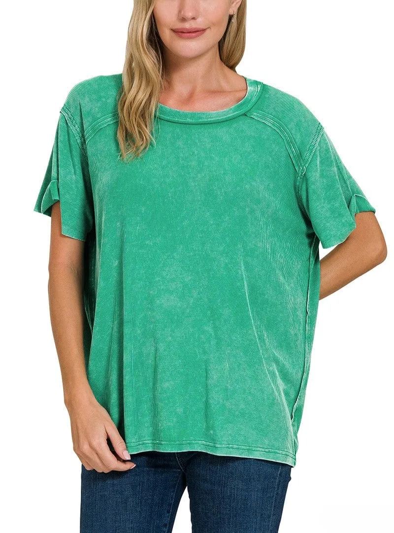 Washed Ribbed Short Sleeve Boat-Neck Top