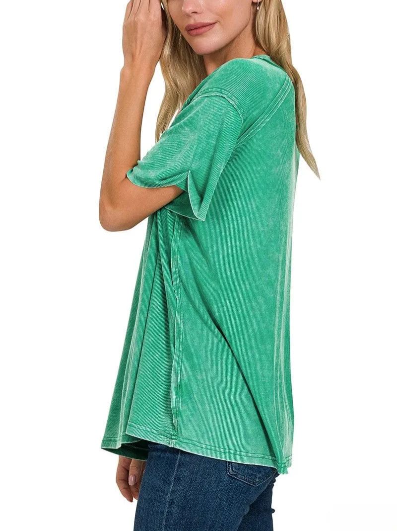 Washed Ribbed Short Sleeve Boat-Neck Top