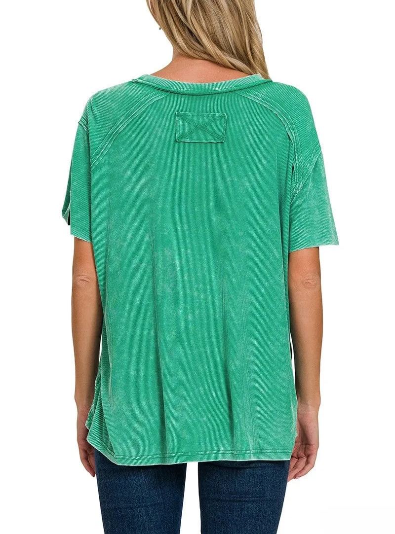Washed Ribbed Short Sleeve Boat-Neck Top