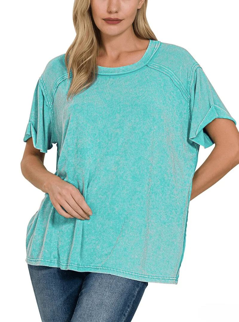 Washed Ribbed Short Sleeve Boat-Neck Top