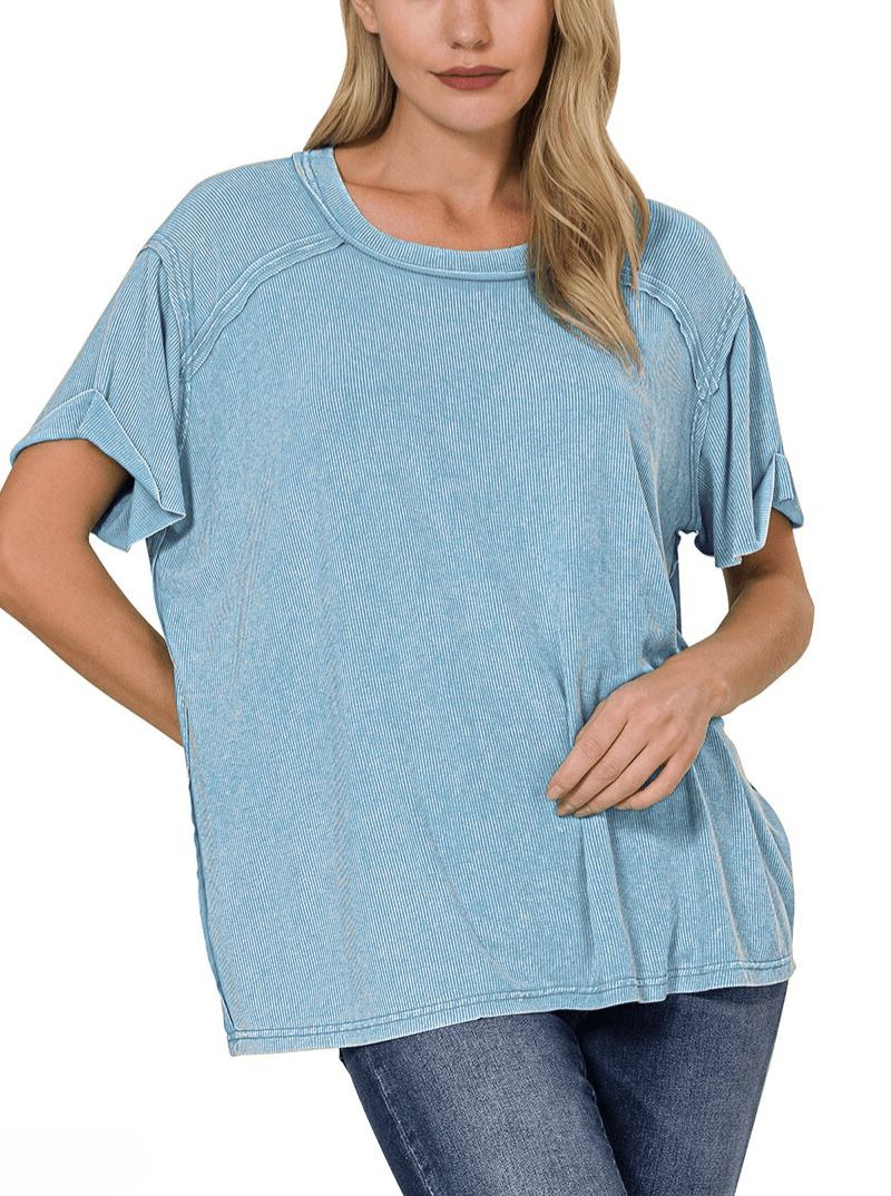 Washed Ribbed Short Sleeve Boat-Neck Top
