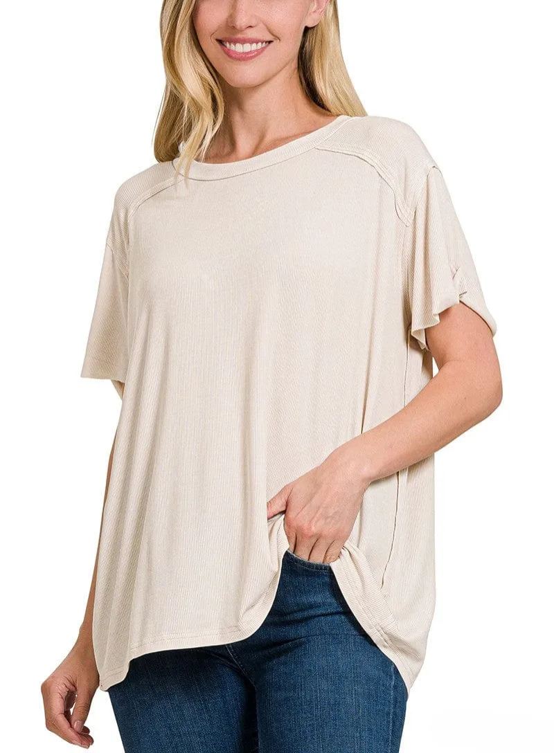 Washed Ribbed Short Sleeve Boat-Neck Top