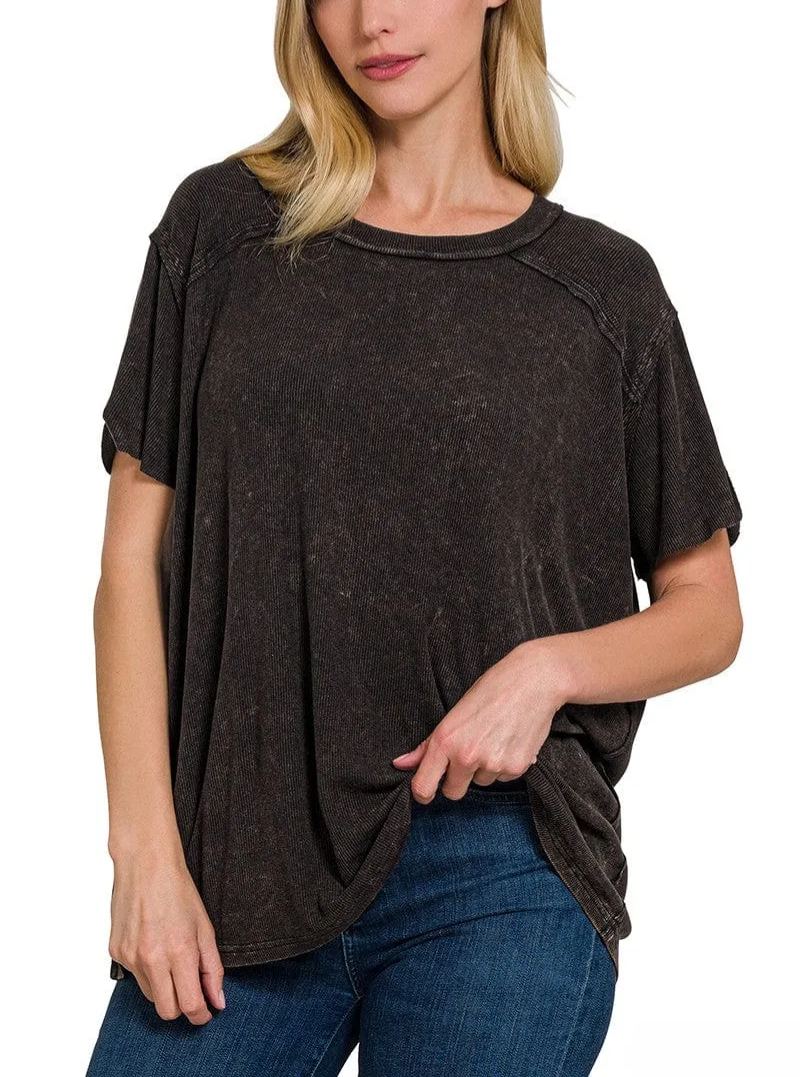 Washed Ribbed Short Sleeve Boat-Neck Top