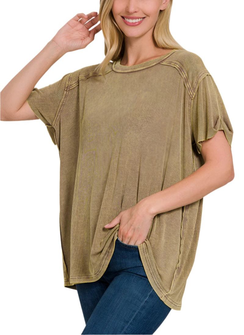 Washed Ribbed Short Sleeve Boat-Neck Top