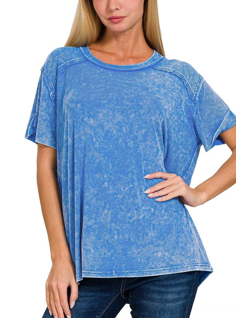 Washed Ribbed Short Sleeve Boat-Neck Top