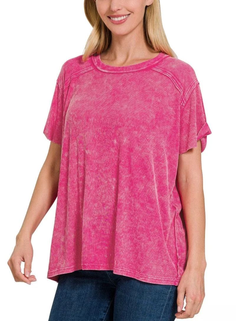 Washed Ribbed Short Sleeve Boat-Neck Top