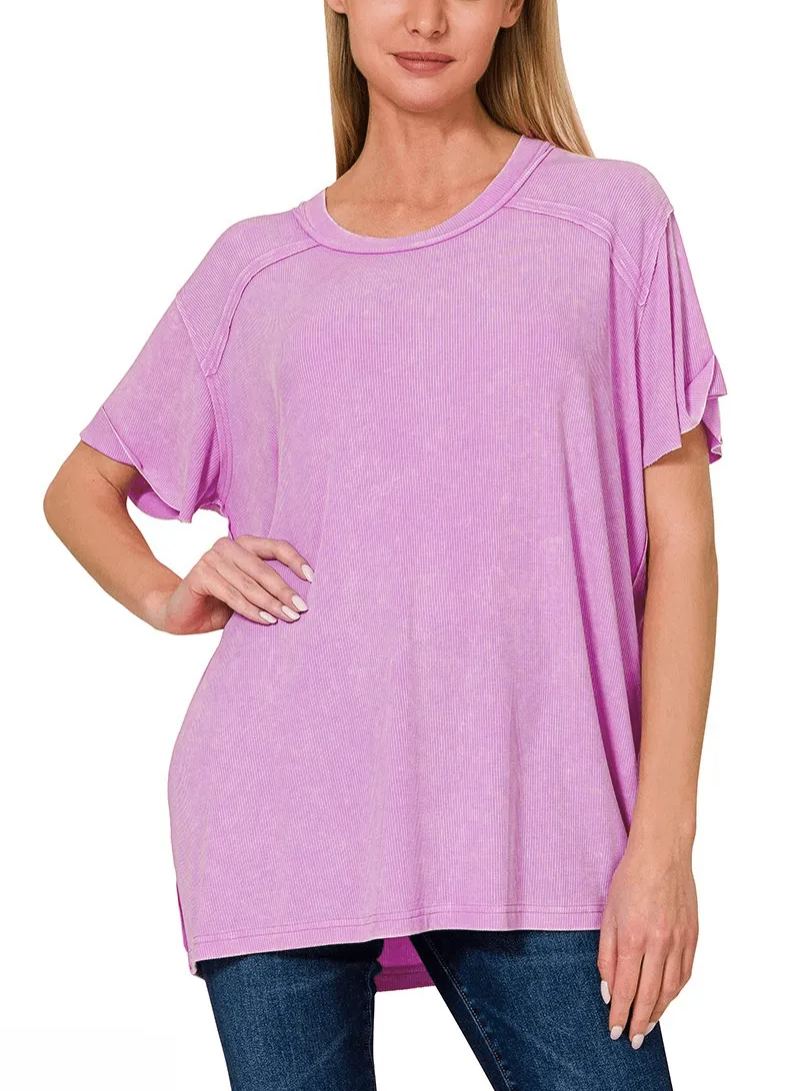 Washed Ribbed Short Sleeve Boat-Neck Top