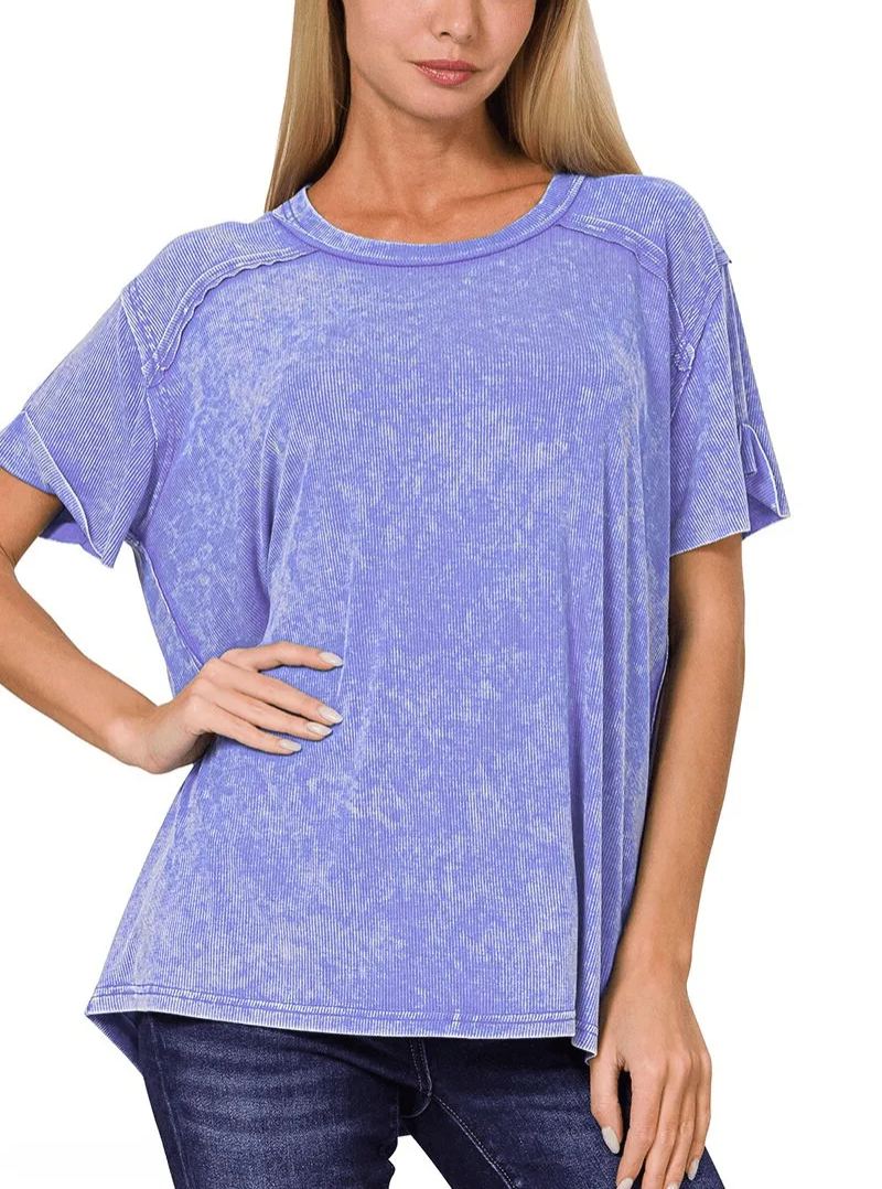 Washed Ribbed Short Sleeve Boat-Neck Top