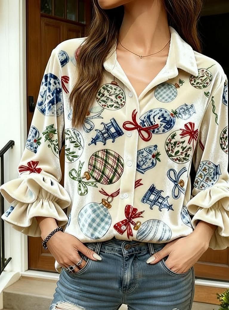 Women's Ruffle Long Sleeve Velvet Top