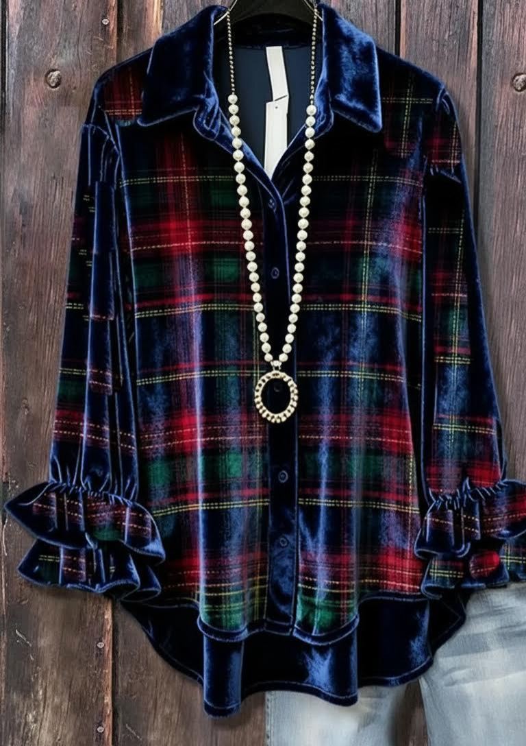 Women's Ruffle Long Sleeve Velvet Top
