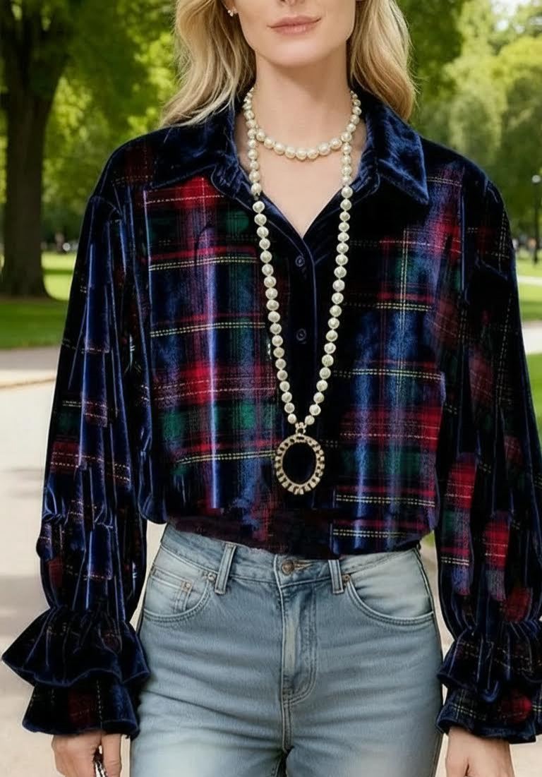 Women's Ruffle Long Sleeve Velvet Top