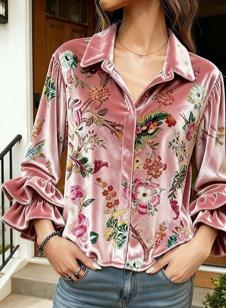 Women's Ruffle Long Sleeve Velvet Top