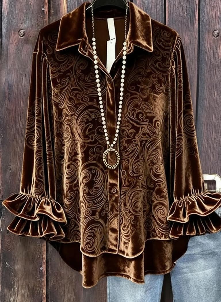 Women's Ruffle Long Sleeve Velvet Top