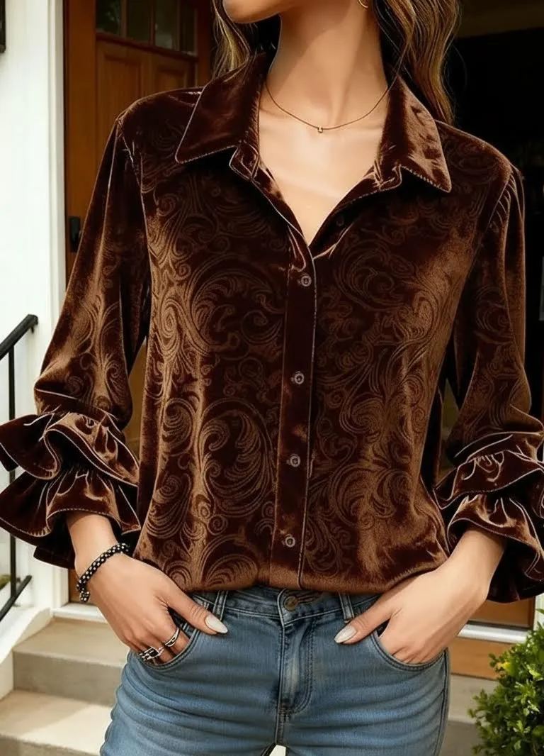 Women's Ruffle Long Sleeve Velvet Top