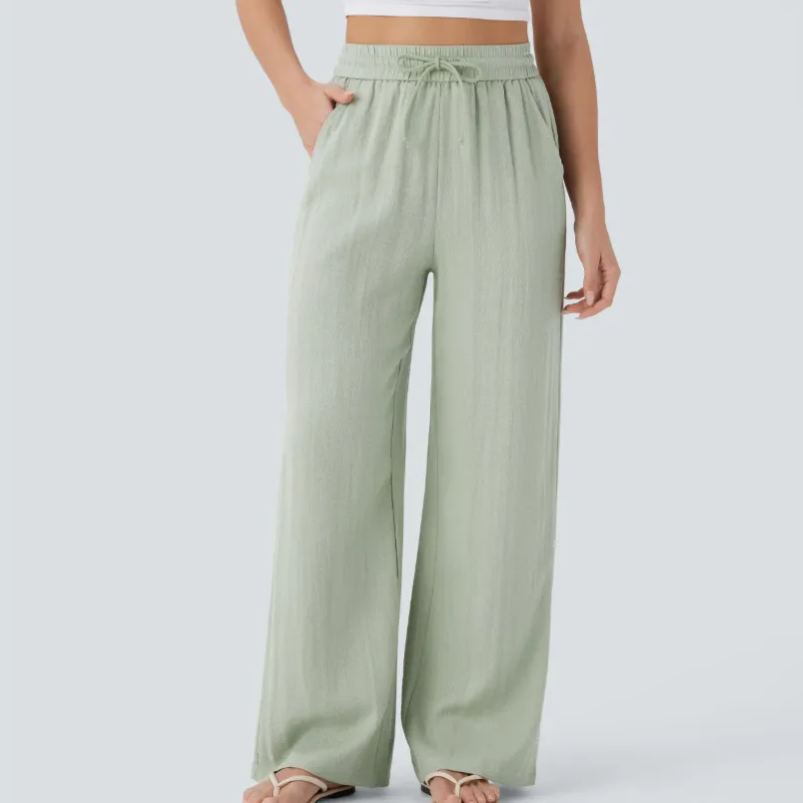 ✨Women's High Waisted Drawstring Pocket Wide Leg Linen-Feel Pants