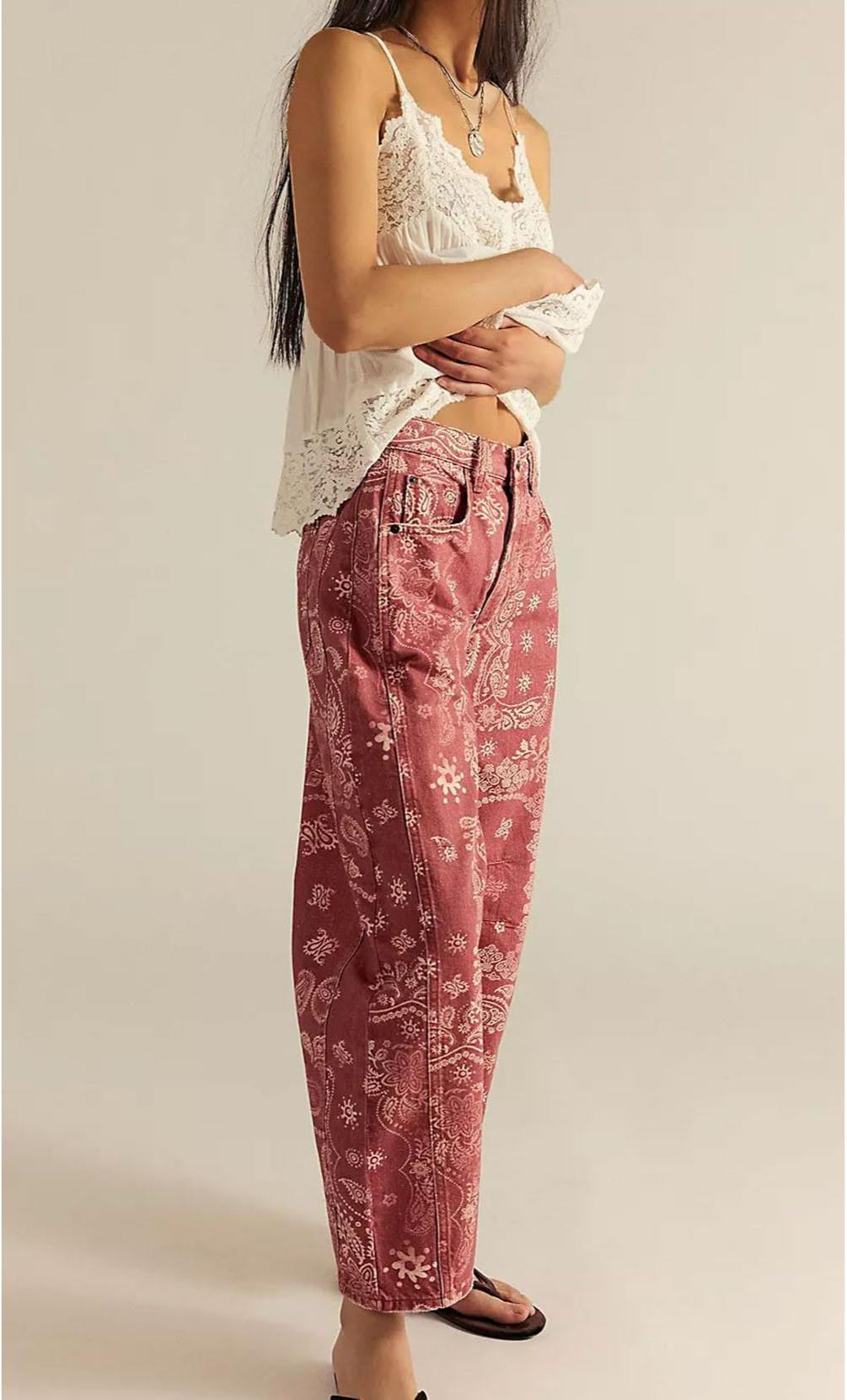 Women's Mid-rise Floral Print Cropped Loose Wide-leg Jeans