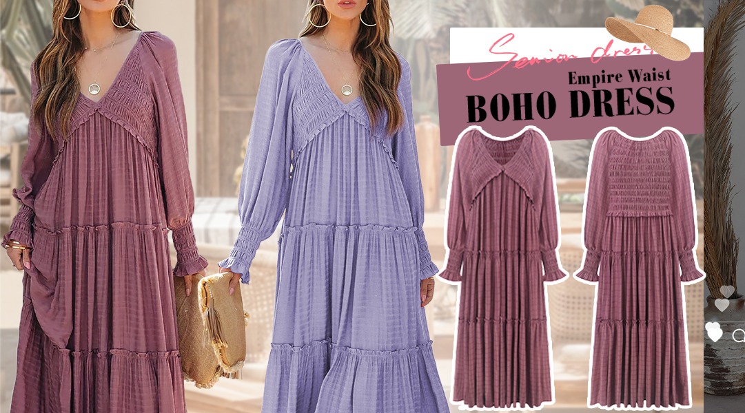 Maxi Dress for Women Long Sleeve V Neck Empire Waist Layered Ruffle Boho Casual Flowy Long Dresses