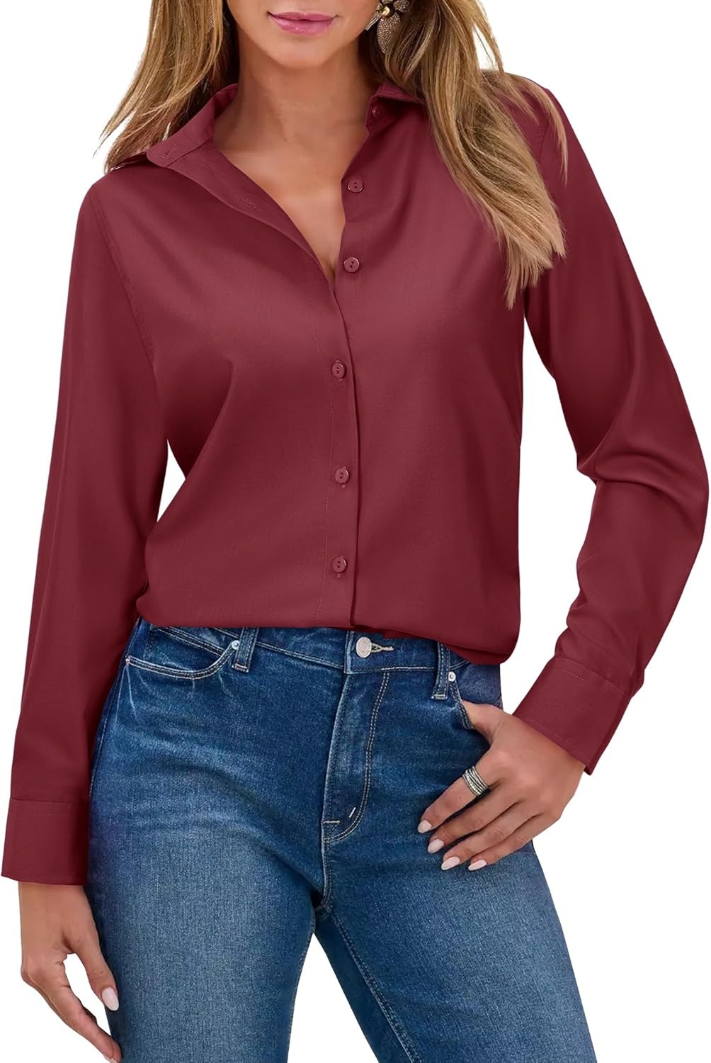 Women's Long Sleeve Button Down Shirts Wrinkle-Free Office Work Blouse