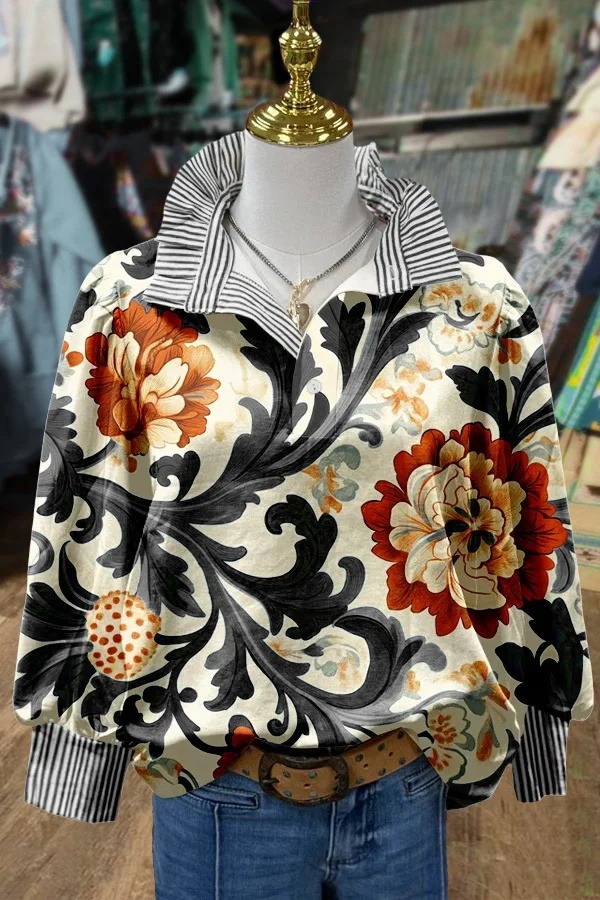 Vintage Floral Print Striped Collar Top(Buy 2 Free Shipping)