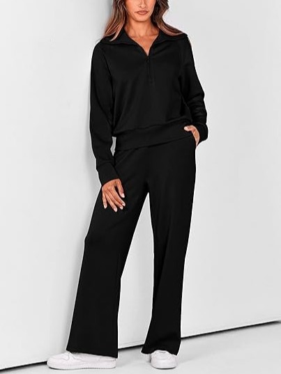 Women's Lapel Half Zip Sweatshirts And Wide Leg Pants Tracksuit Sets (Buy 2 Free Shipping)
