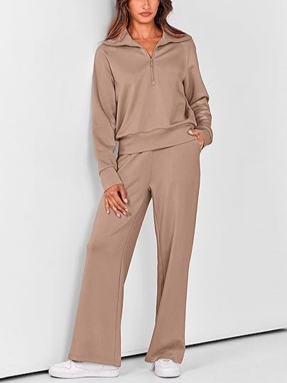 Women's Lapel Half Zip Sweatshirts And Wide Leg Pants Tracksuit Sets (Buy 2 Free Shipping)