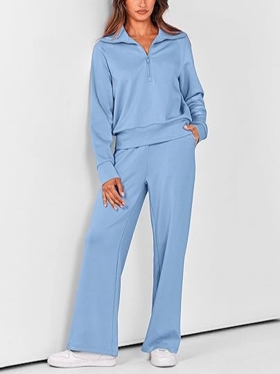 Women's Lapel Half Zip Sweatshirts And Wide Leg Pants Tracksuit Sets (Buy 2 Free Shipping)