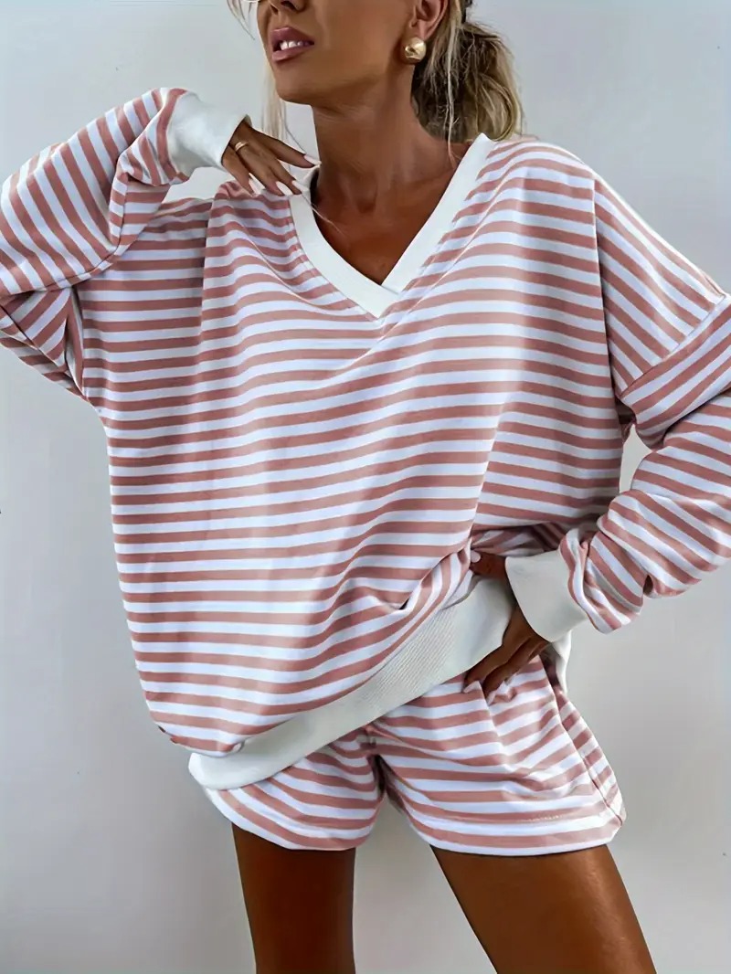 Women's Striped Print Long Sleeve V Neck Sweatshirt and Shorts Set