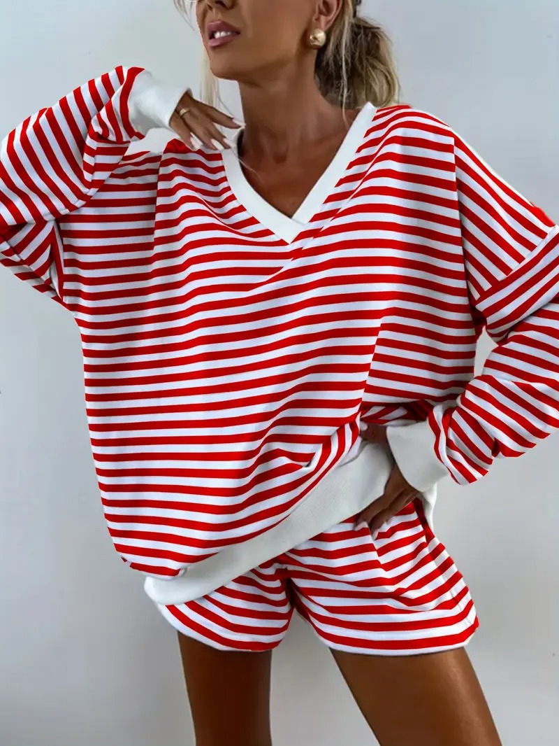 Women's Striped Print Long Sleeve V Neck Sweatshirt and Shorts Set