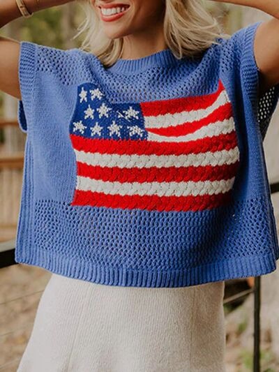 Flag Graphic Short Sleeve Hollow Out Top