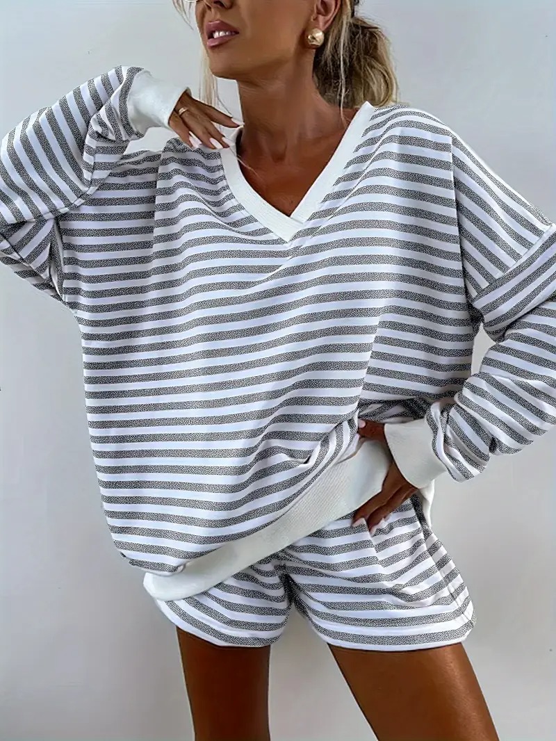 Women's Striped Print Long Sleeve V Neck Sweatshirt and Shorts Set