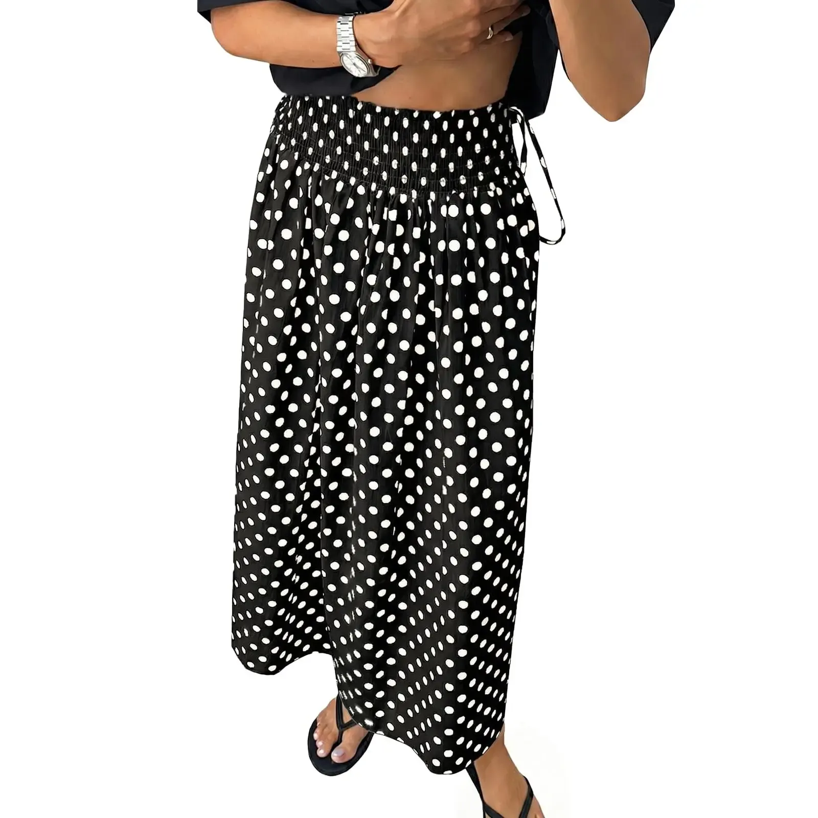 🌼Women‘s Polka Dot Maxi Skirts Boho Smocked High Waisted Tie Skirt Casual Beach Vacation Dress