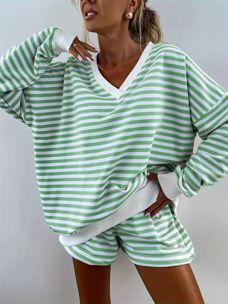 Women's Striped Print Long Sleeve V Neck Sweatshirt and Shorts Set