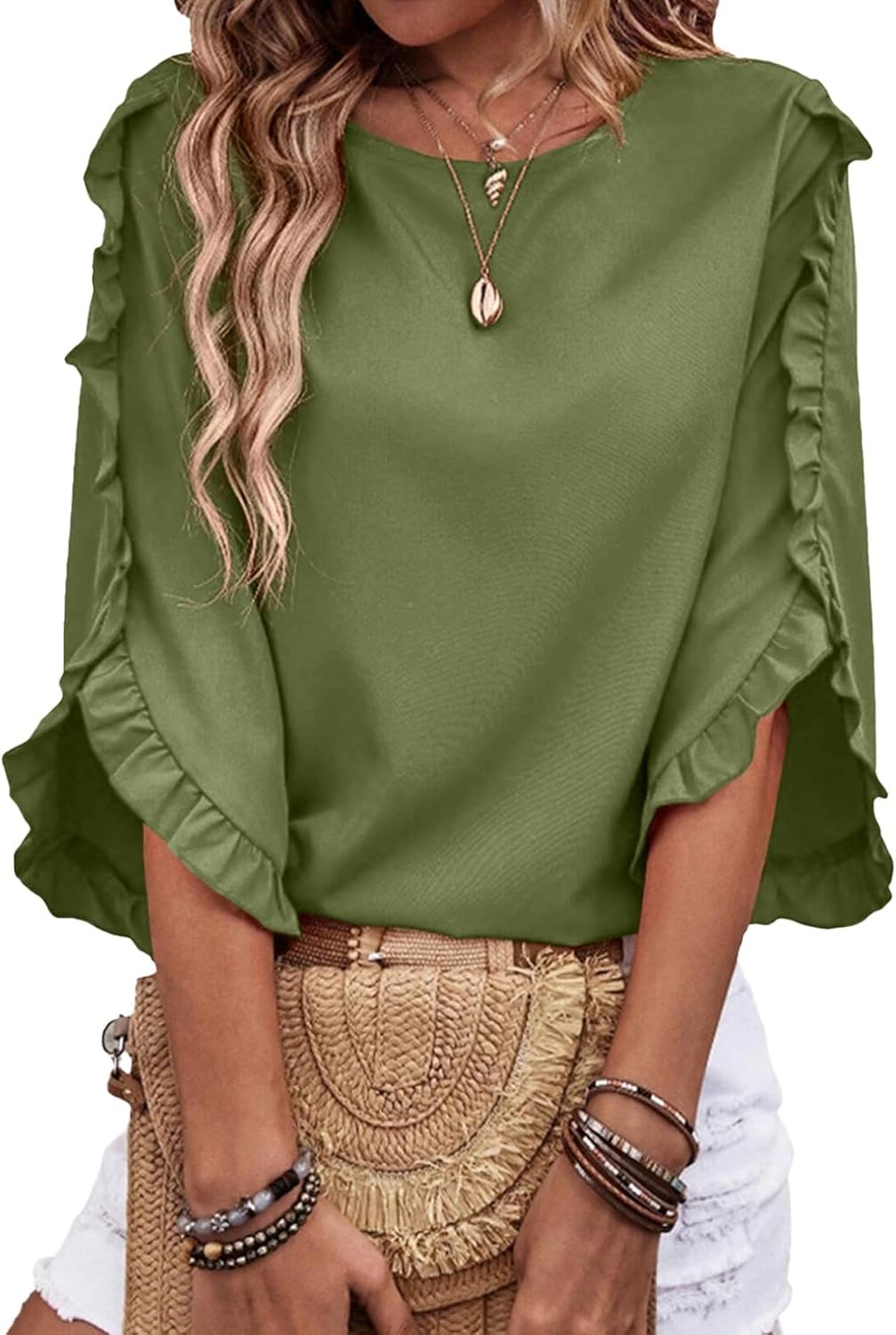 🔥Womens 3/4 Length Sleeve Blouses Crewneck Ruffle Sleeve Shirts 