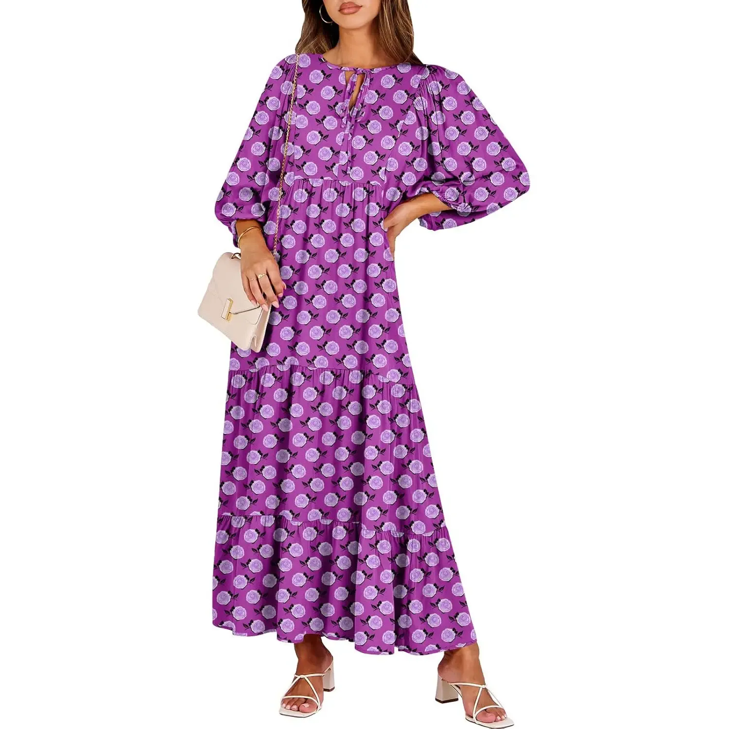 🔥Women's V Neck Puff Sleeve Floral Flowy Swing Long Dress