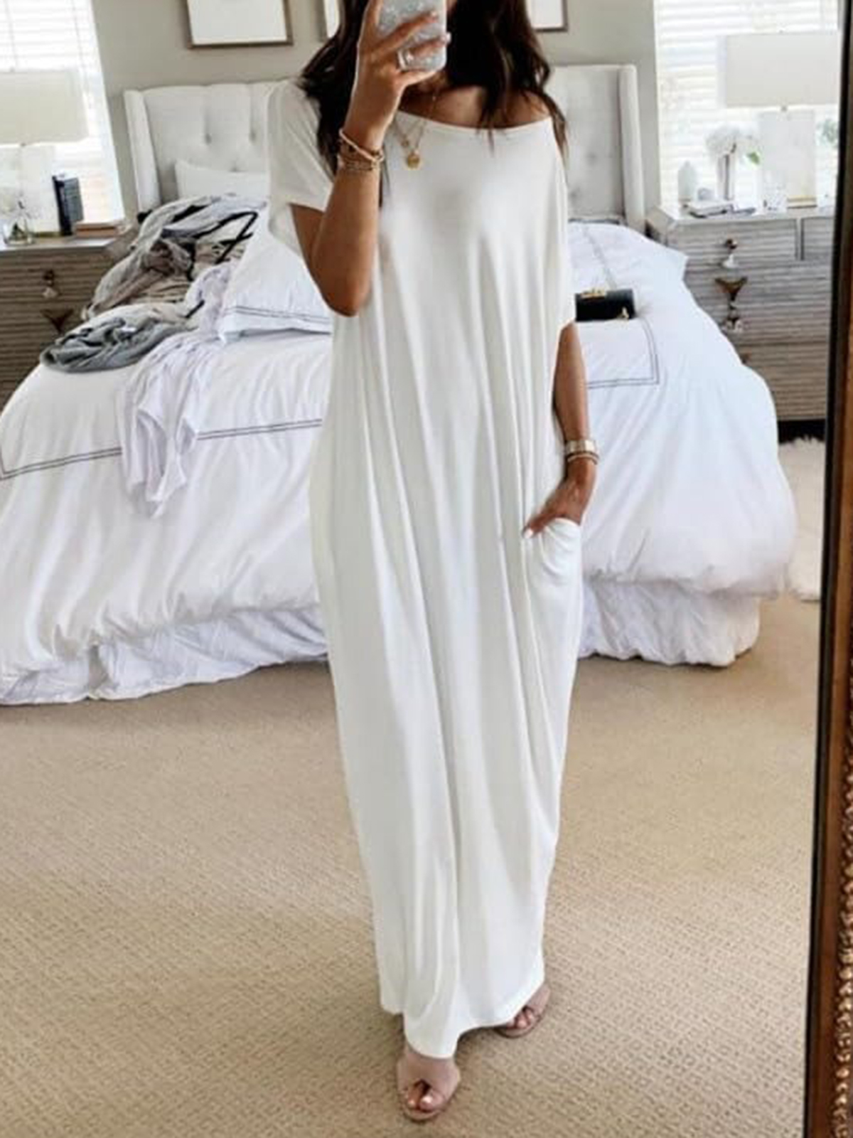 Women's Off-shoulder Solid Color Bat Sleeve Dress Casual Long Dress(BUY 2 FREE SHIPPING)