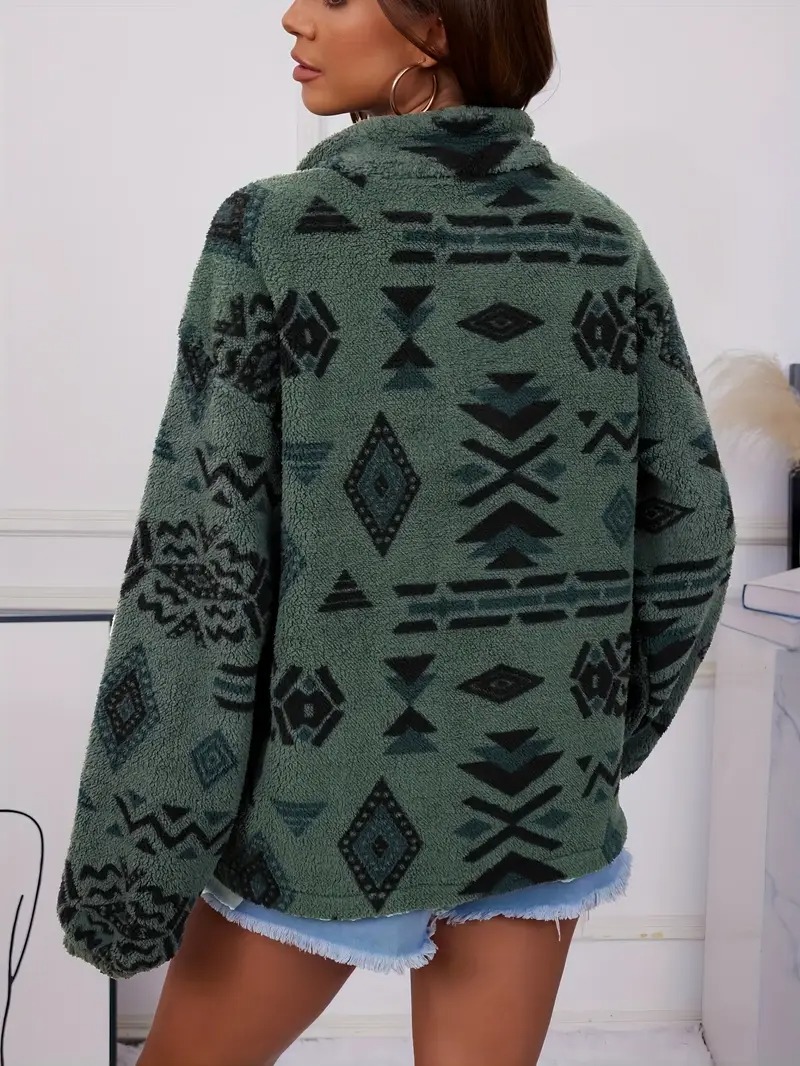 Women's Geometric Print Half Zip Sherpa Pullover Sweatshirt