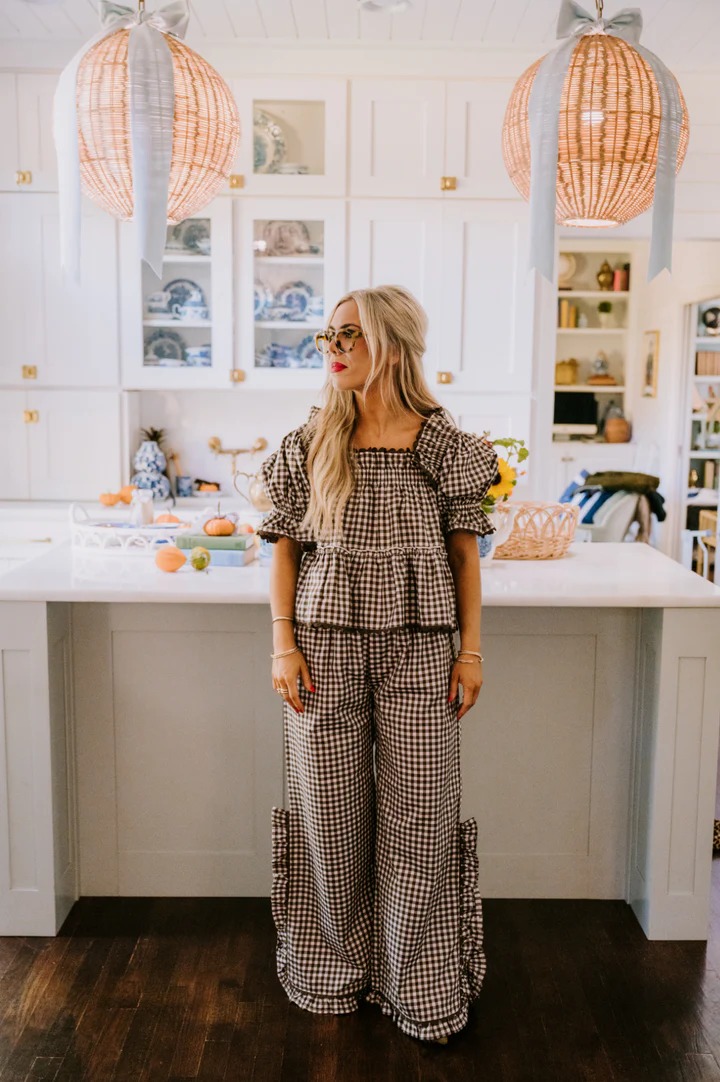 Women's Christmas Plaid Ruffle Puff Sleeve Pajamas Set 