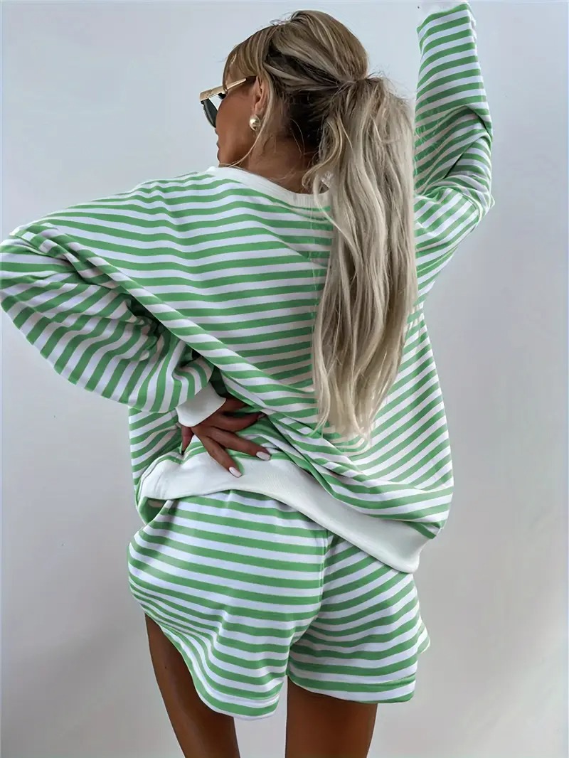 Women's Striped Print Long Sleeve V Neck Sweatshirt and Shorts Set
