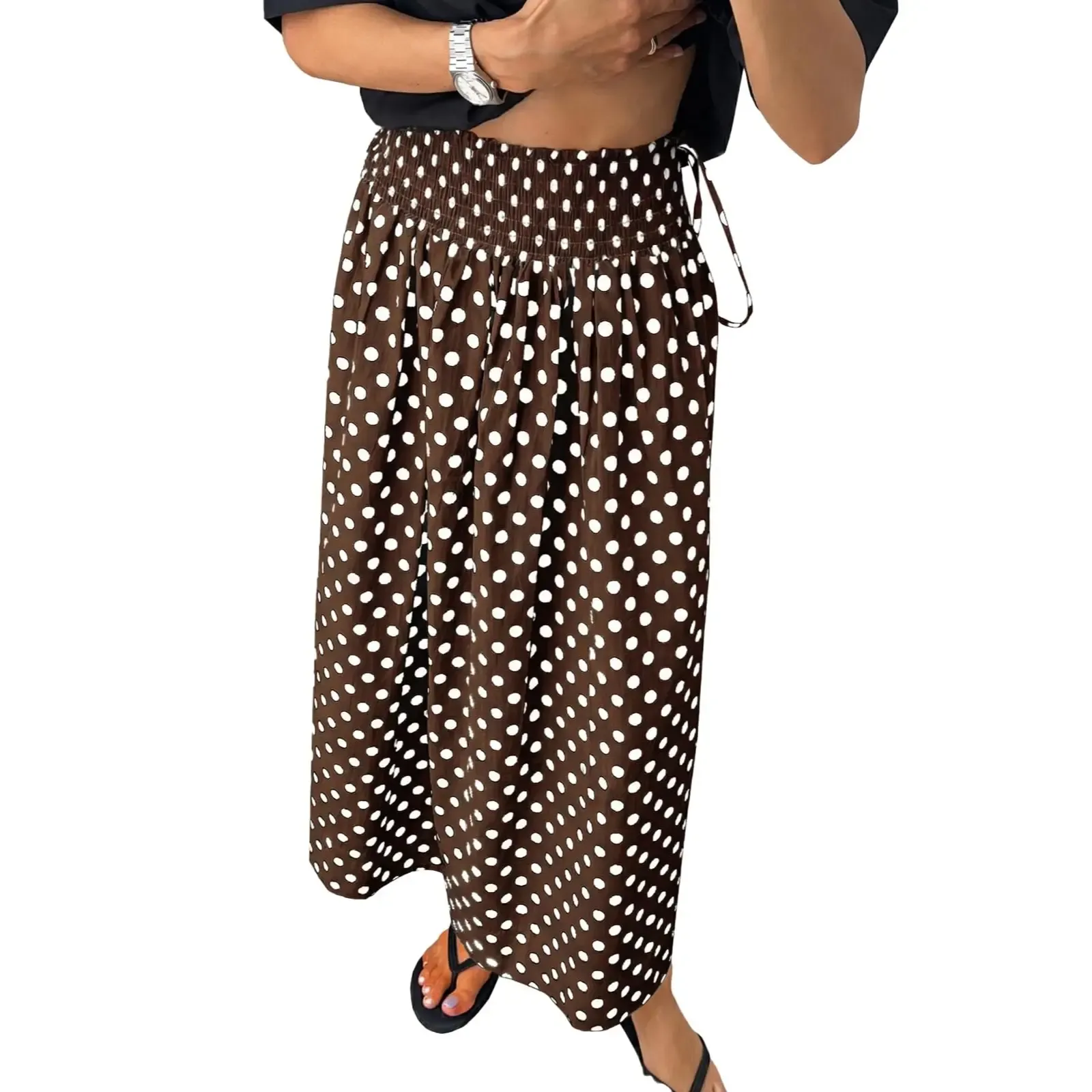 🌼Women‘s Polka Dot Maxi Skirts Boho Smocked High Waisted Tie Skirt Casual Beach Vacation Dress