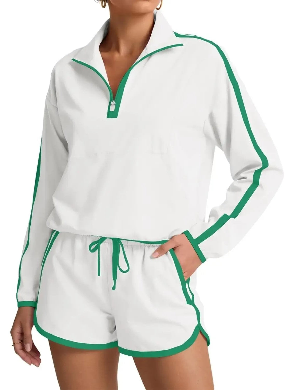 HOT SALE Women's Half-Zip Long Sleeve Top & Shorts Casual Two-Piece Set