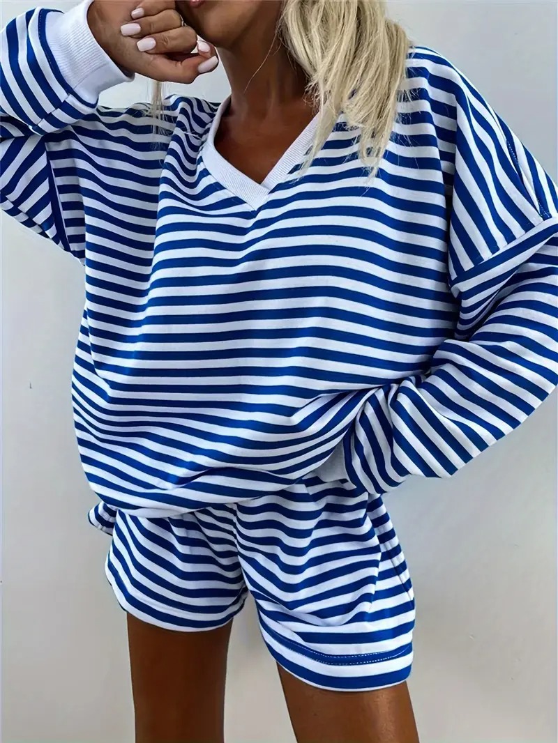 Women's Striped Print Long Sleeve V Neck Sweatshirt and Shorts Set