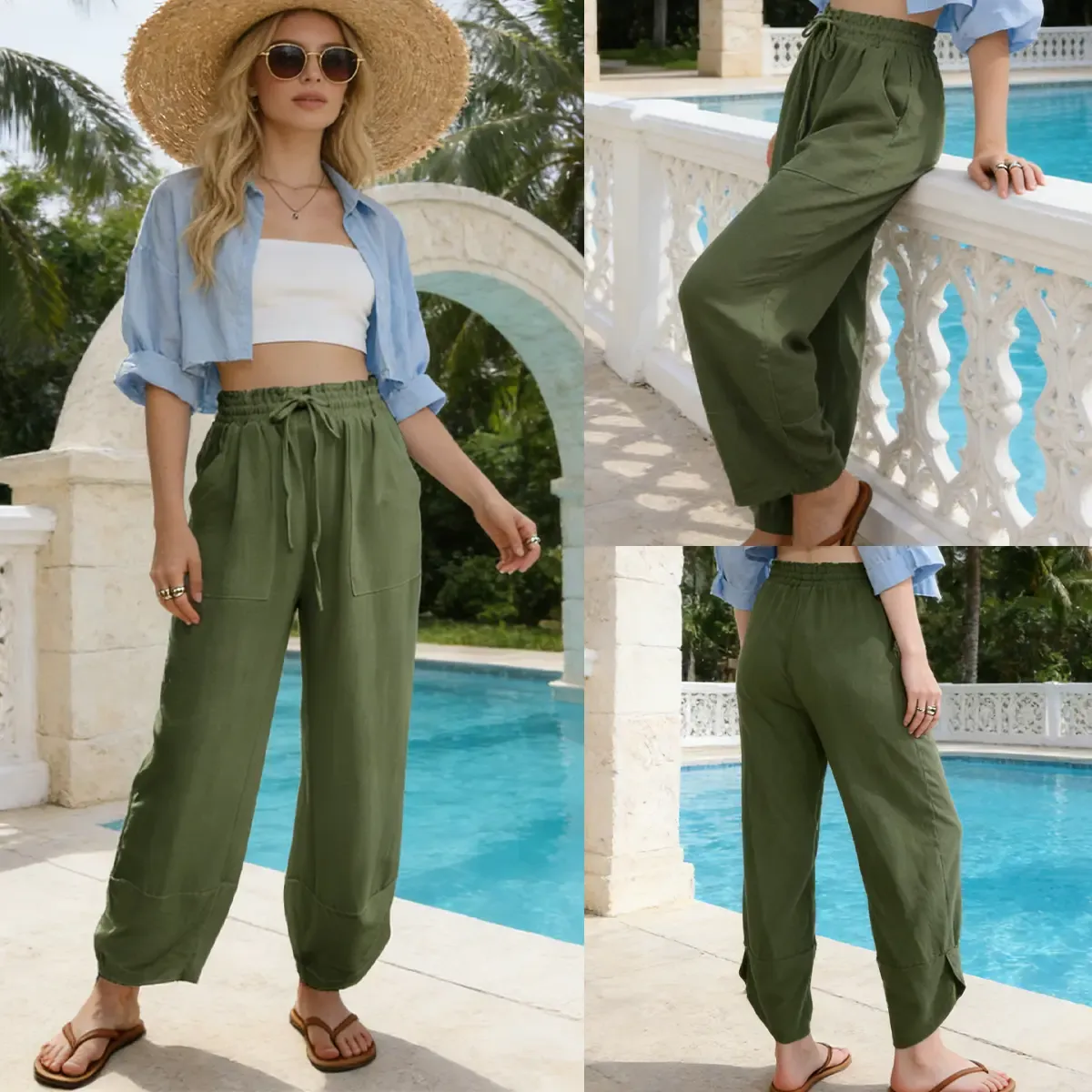 🔥Women's Linen Loose Casual Capri Pants Elastic Waistband with Pockets